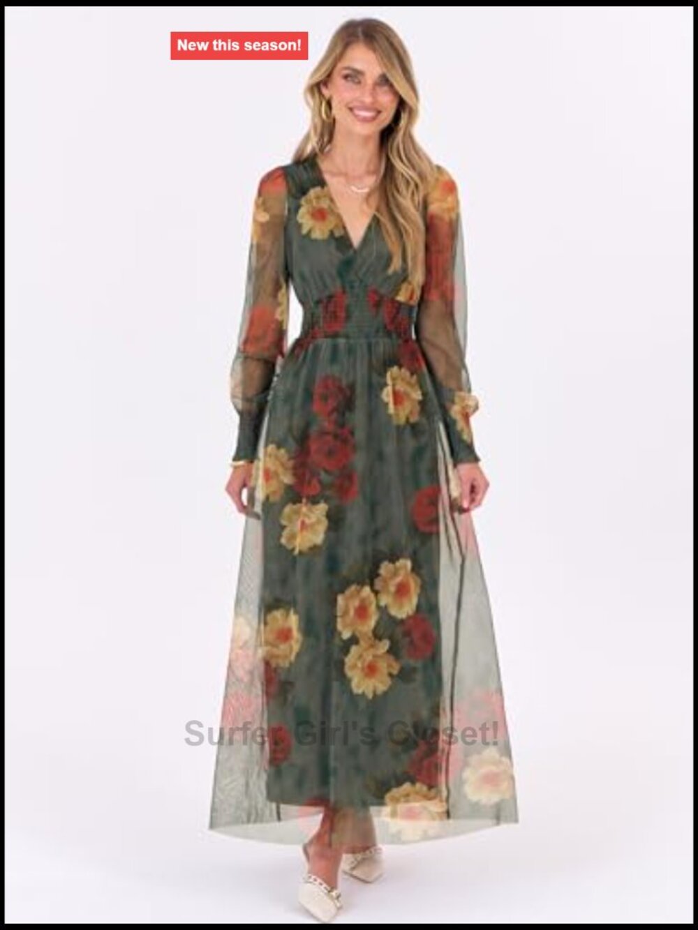Women's Floral Tulle Long Sleeve V-Neck Maxi Dress - Wedding Guest - Picture 3 of 7